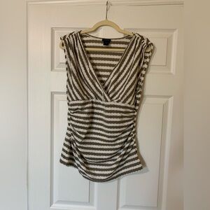 Ann Taylor‎ Striped V-Neck Sleeveless Wrap Ruched Blouse, Gray and White, Large